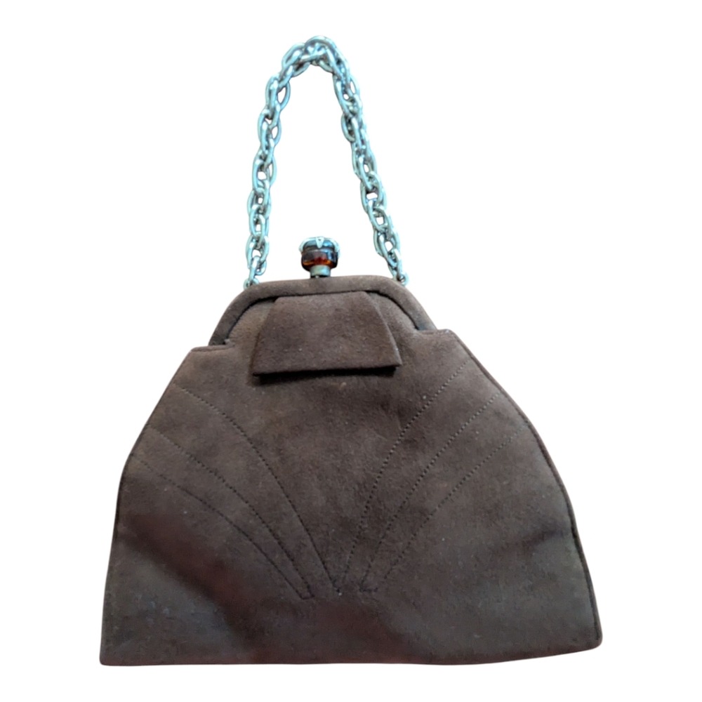 Vintage Womens Suede Handbag With Jeweled Clasp, brown